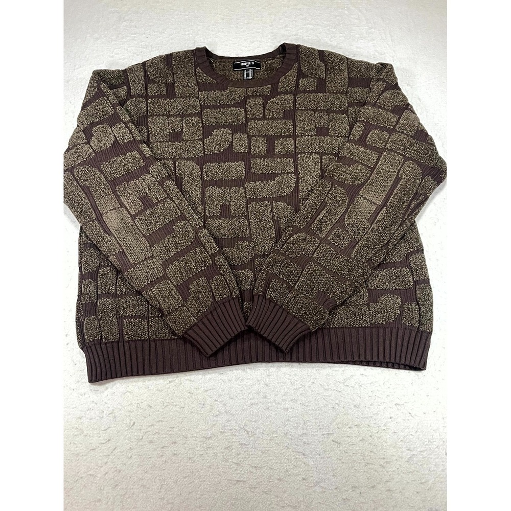 Forever 21 Cozy Sweater Mens 2XL Brown Geometric Knitted Textured Crew Neck Y2K